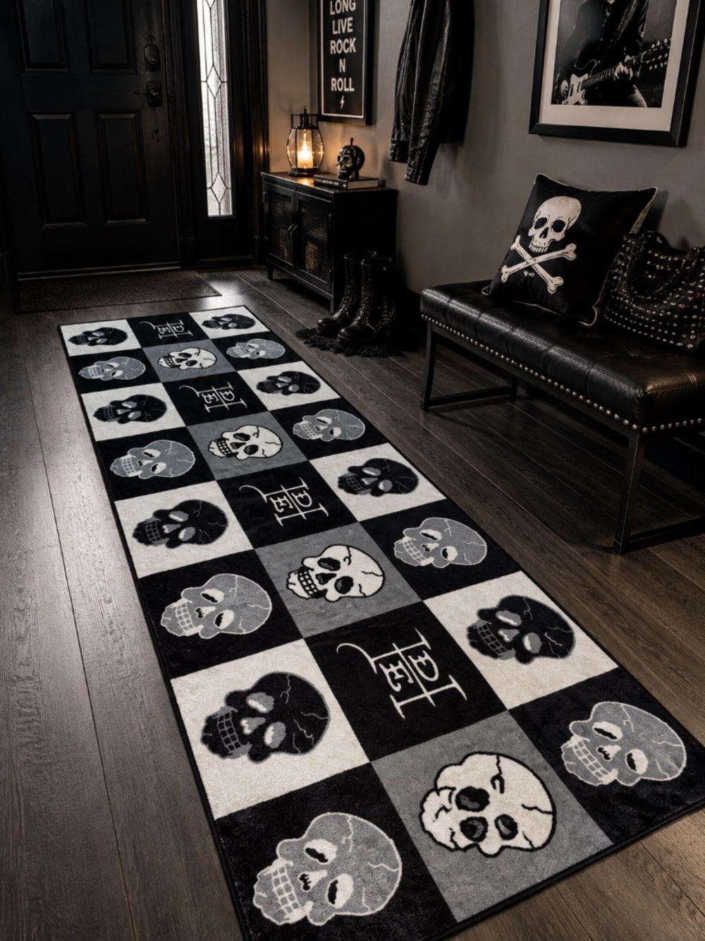 Ed Hardy Skull Accent Runner Rug 24x60 Black Gray Gothic Washable Halloween